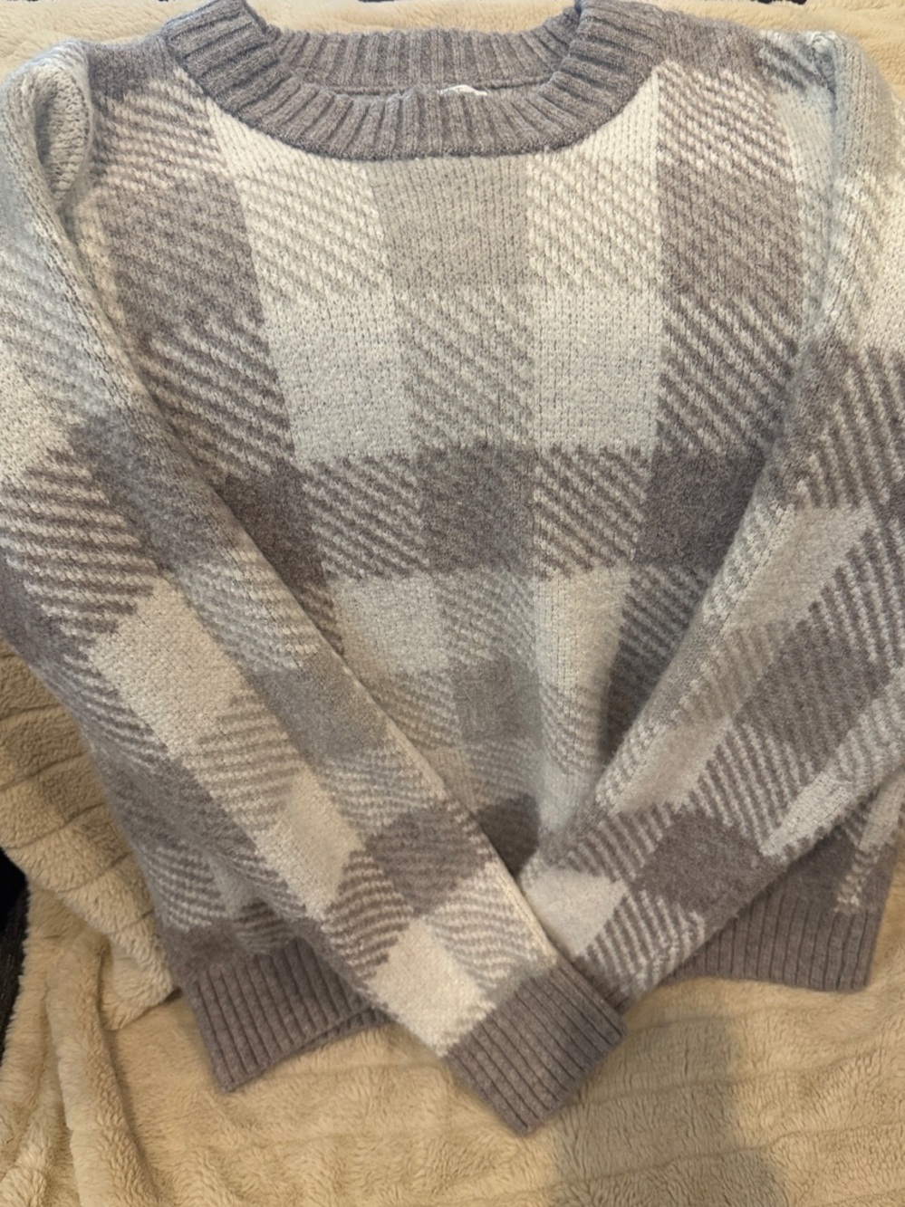 Market and Spruce Plaid Crewneck Sweater - Taupe/Cream